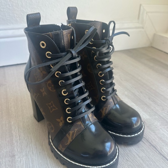 Louis Vuitton Shoes - Louis Vuitton Brown Monogram Lace-Up Heeled Boots with Black Patent Toe